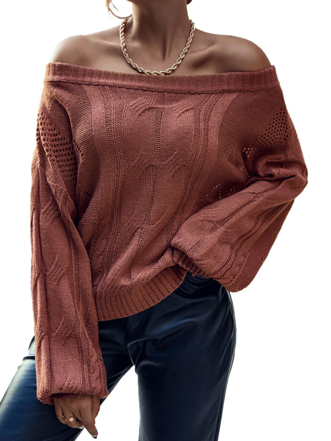 DUST YA-SELF OFF - OFF THE SHOULDERS CABLE SWEATER