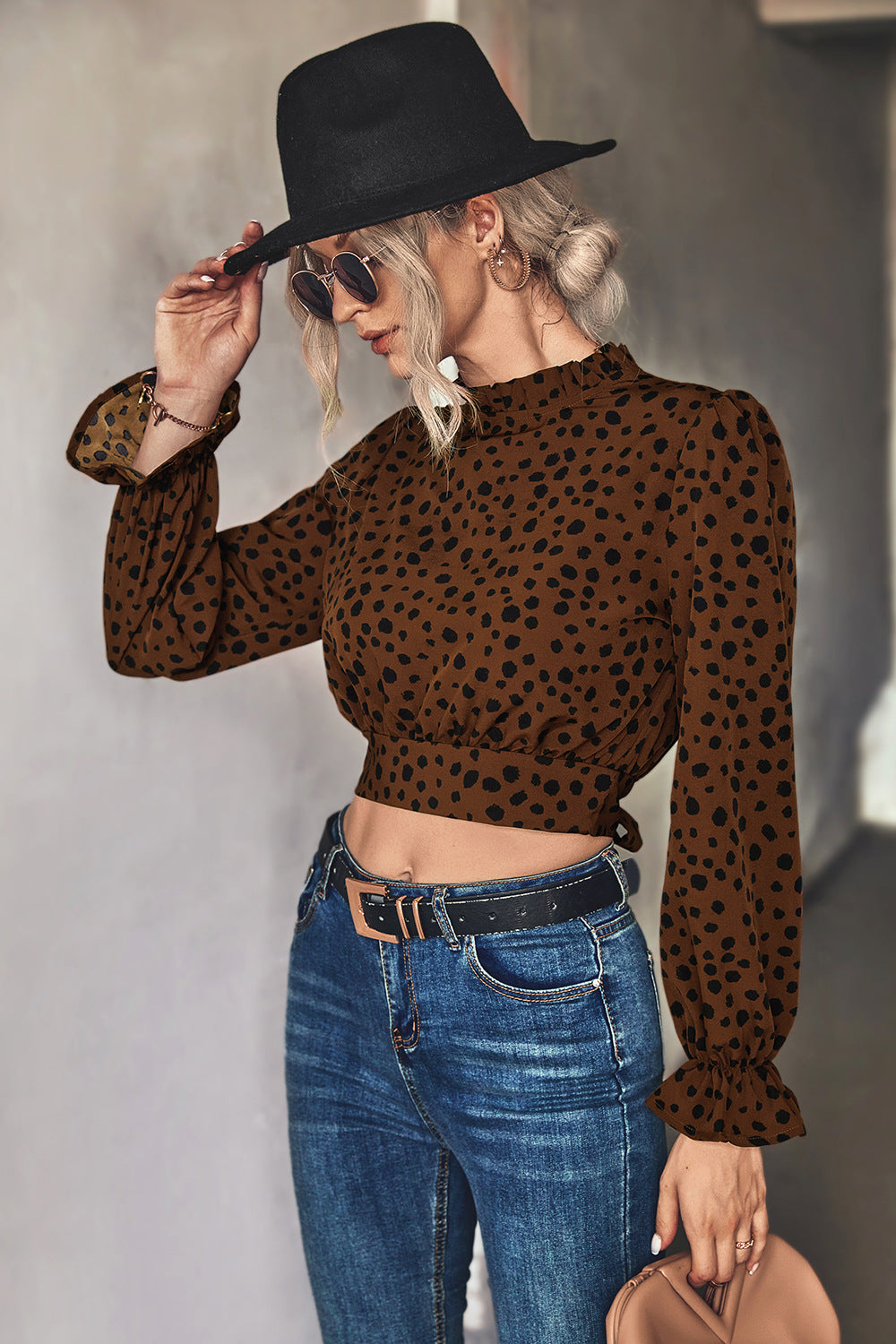 TIED UP AT THE MOMENT TIE-BACK ANIMAL PRINT CROPPED BLOUSE