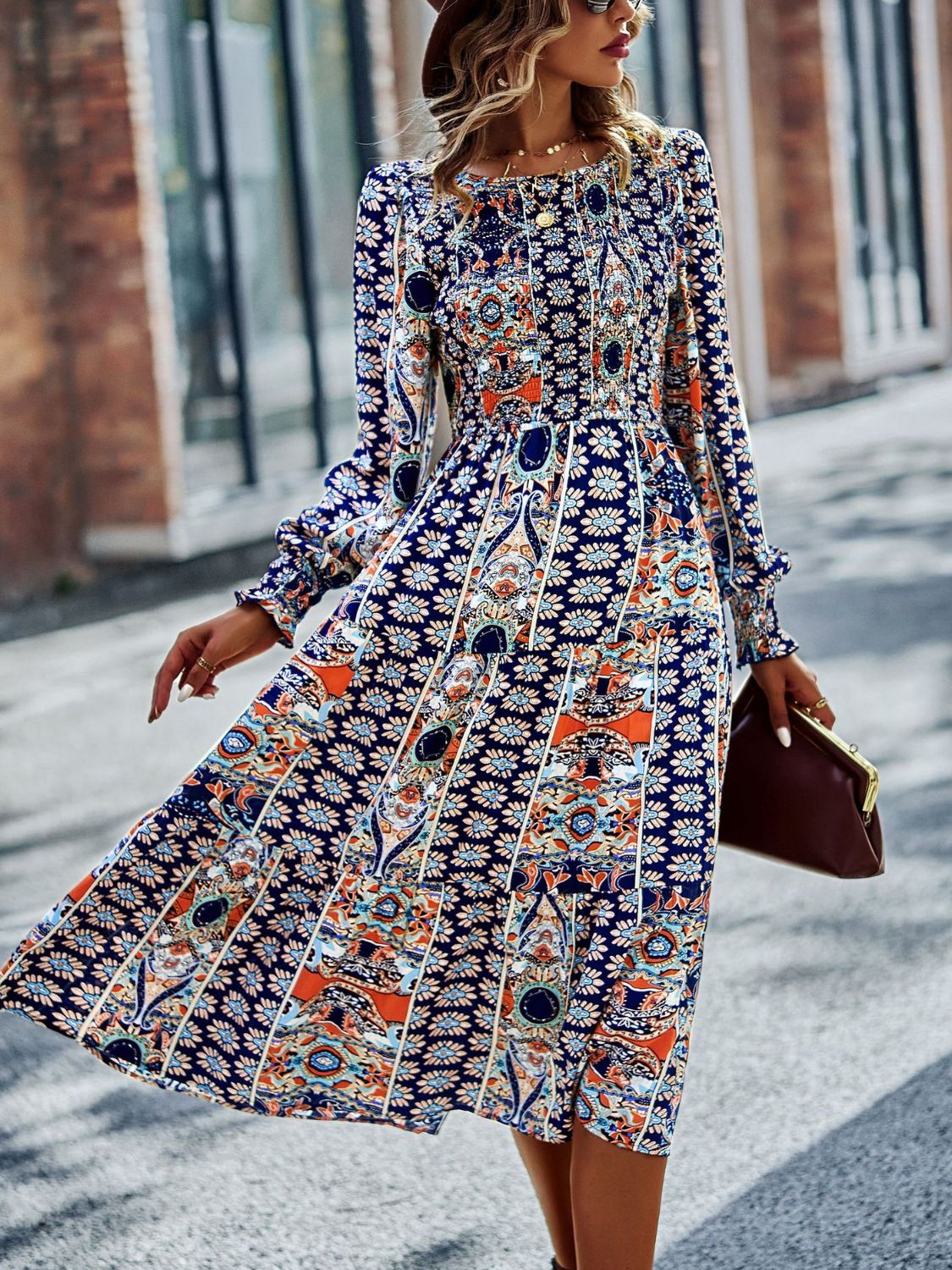 DON'T SMOCK ME PATCHWORK SMOCKED PUFF SLEEVE MIDI DRESS