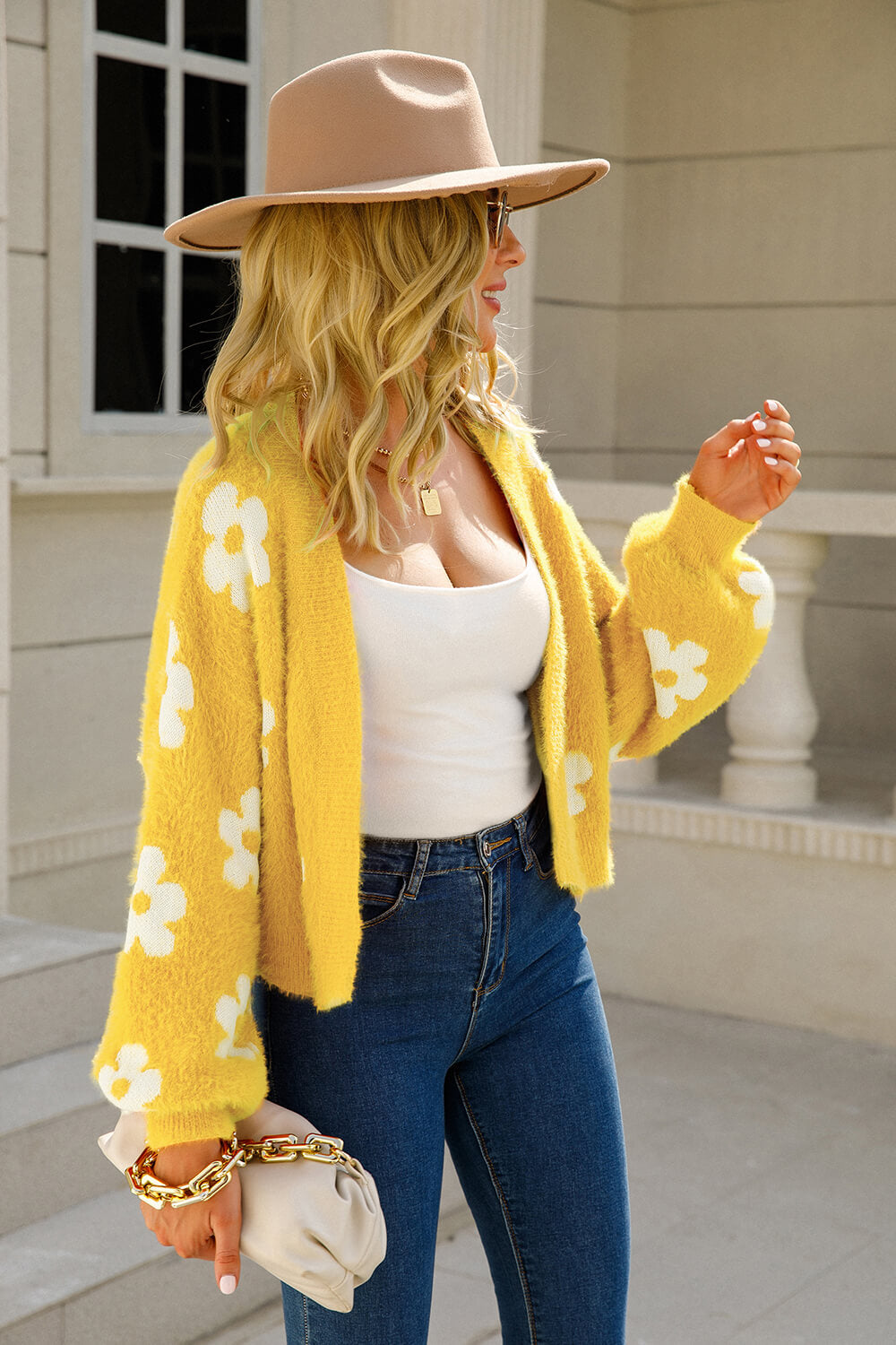 FUZZY IN FLORAL OPEN FRONT CARDIGAN