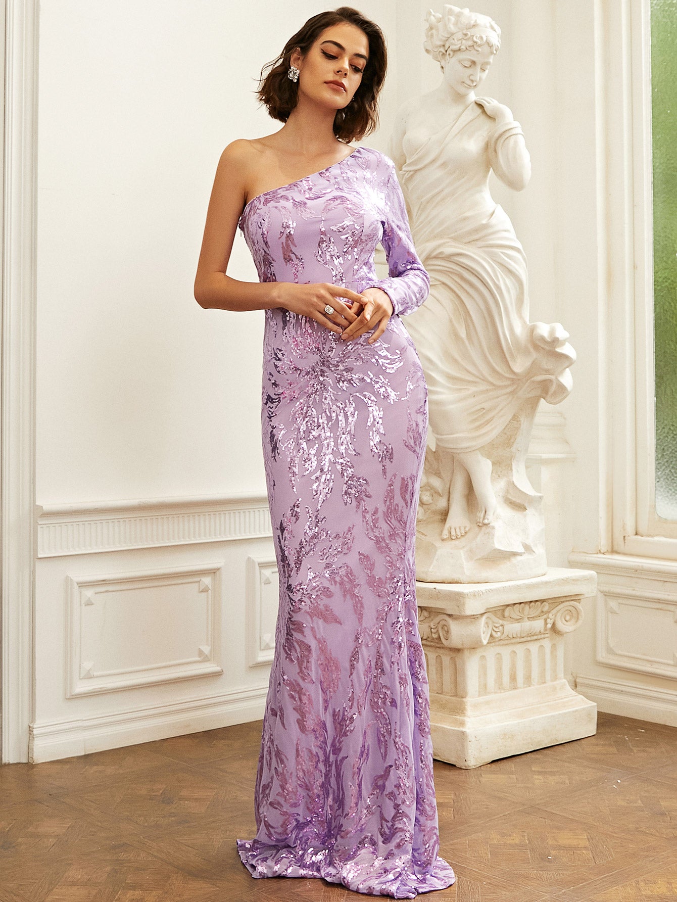 Sequin One-Sleeve Floor-Length Dress