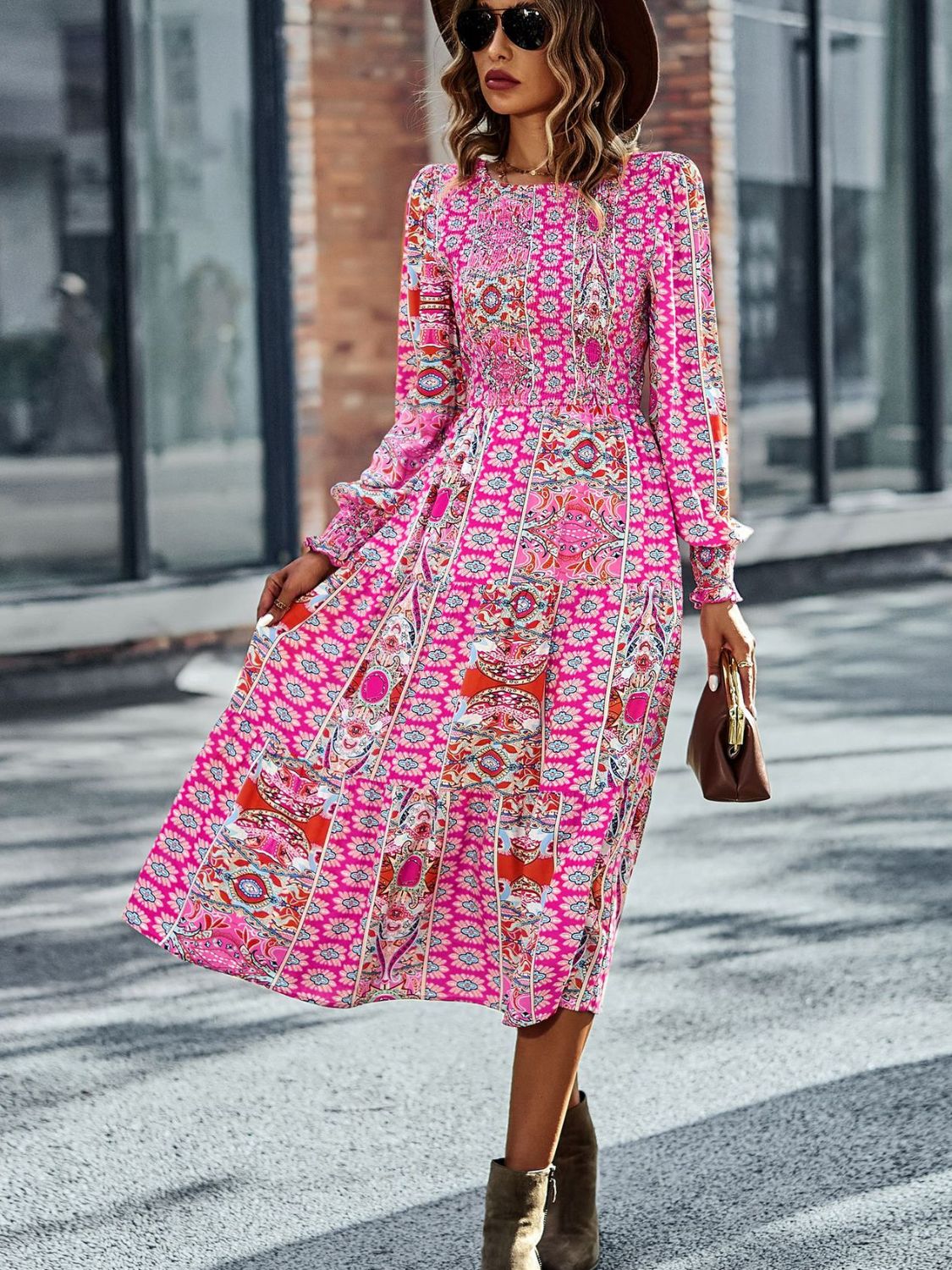 DON'T SMOCK ME PATCHWORK SMOCKED PUFF SLEEVE MIDI DRESS